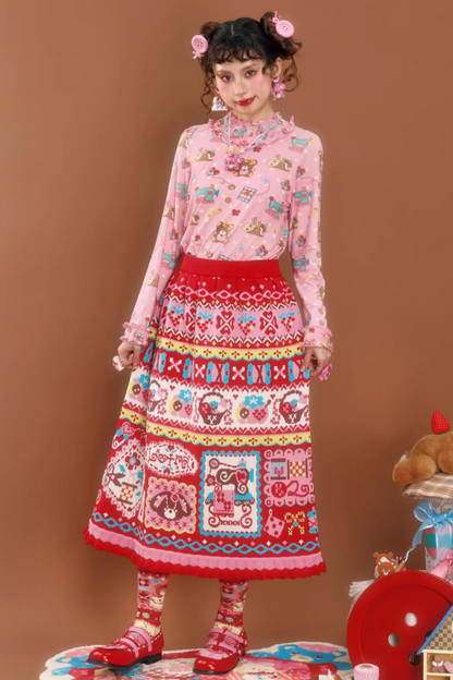 Rote Jacquard-Spitzenstrickrock