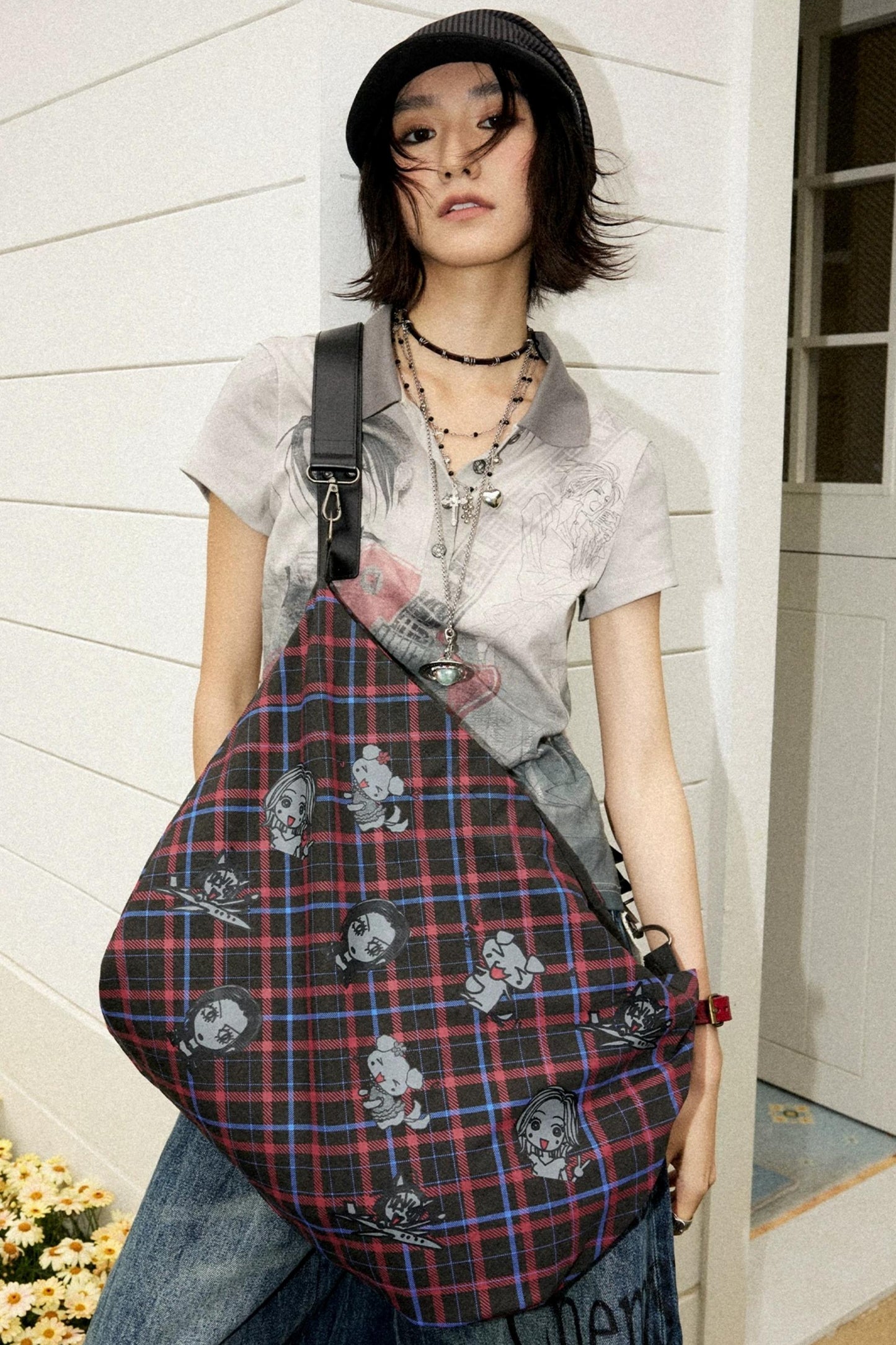 Retro Checkered Leather Canvas Bag