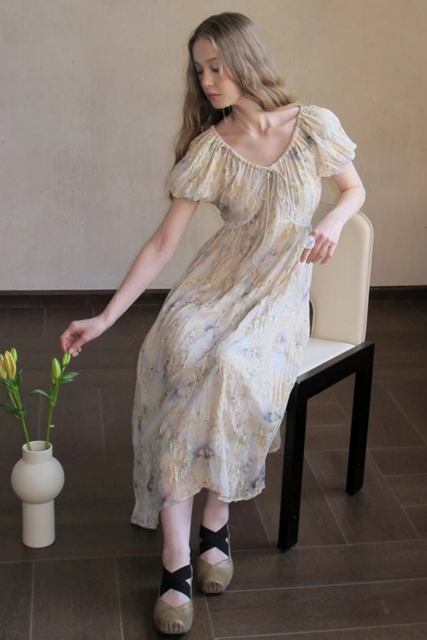 Embroidery Pleated Puff Sleeve Dress