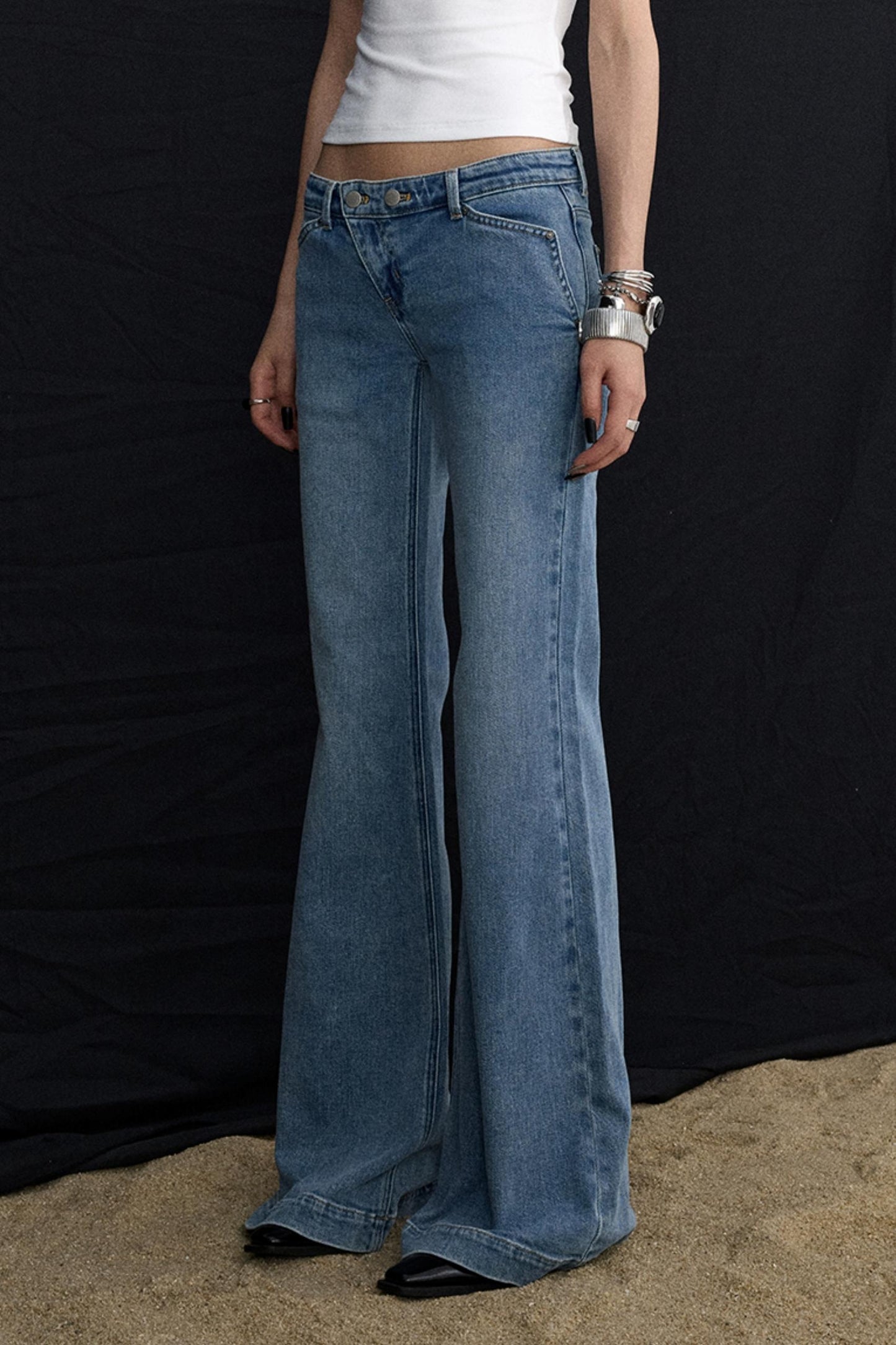 Deconstructed Washed Blue Bootcut Pants