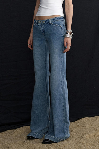 Deconstructed Washed Blue Bootcut Pants