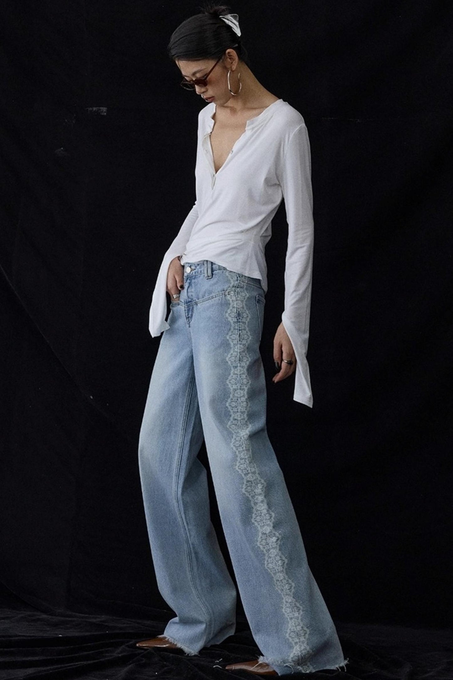 Lace Raw Hem Straight Jeans