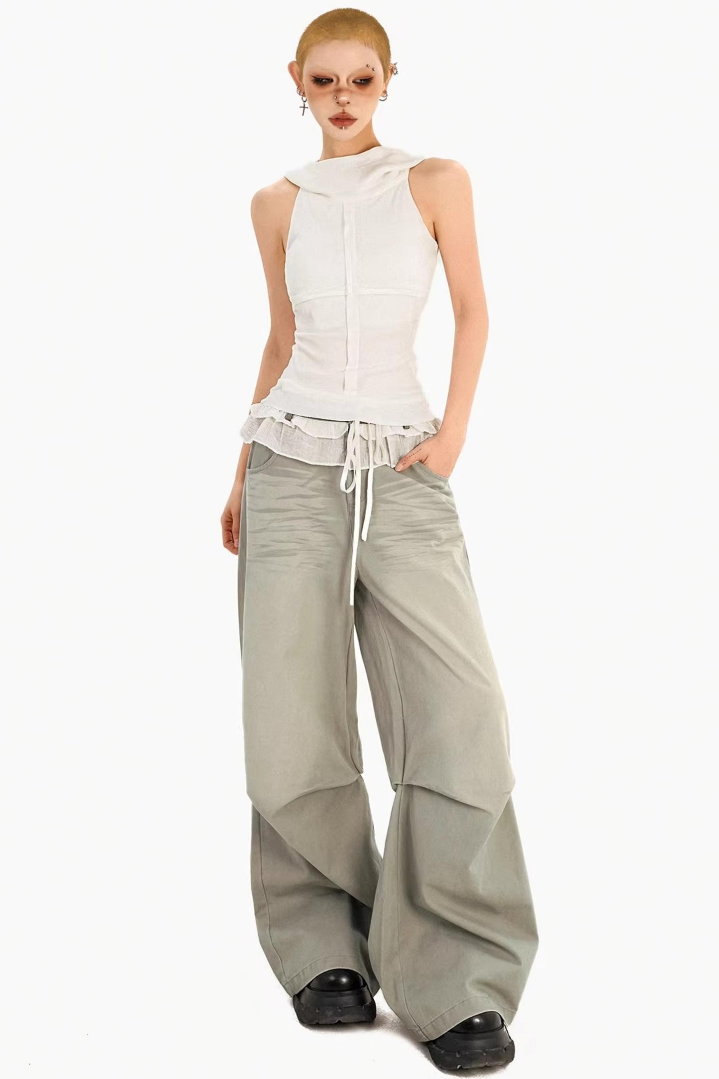 Lace Drawstring Wide-Leg Pants