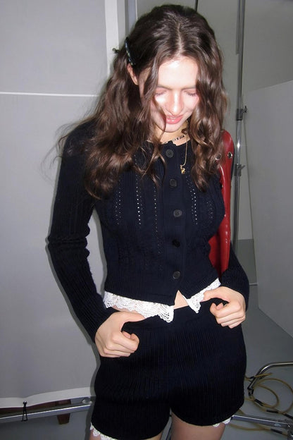 Floral Knit Cardigan Shorts Set-Up