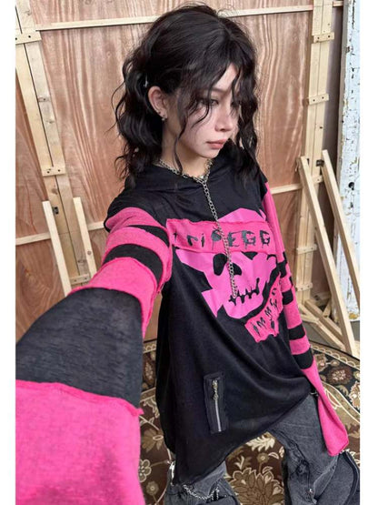 Rock Punk Skull Print Striped Sleeve Hoodie