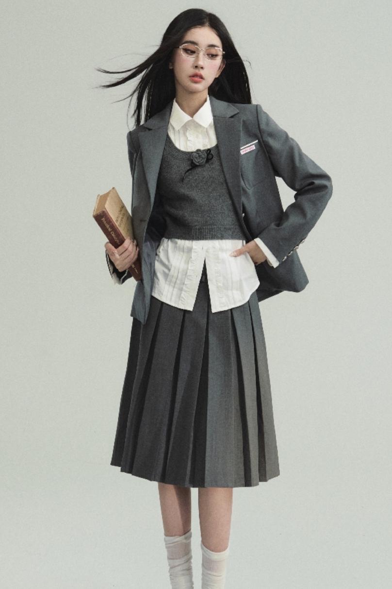 Korean College Heavy Blazer Skirt Set-Up