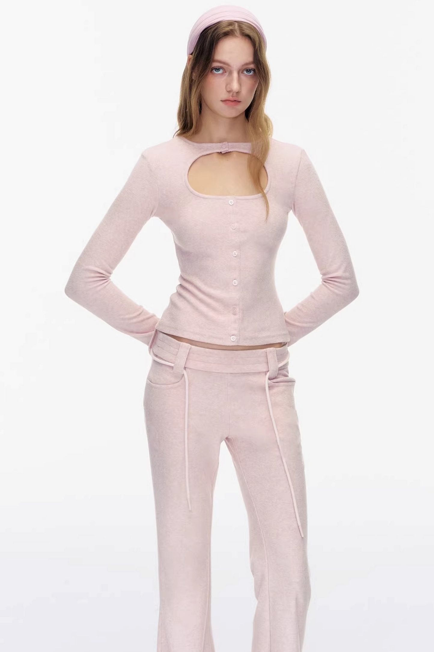 Cutout Detail Pink Top Pants Set-Up