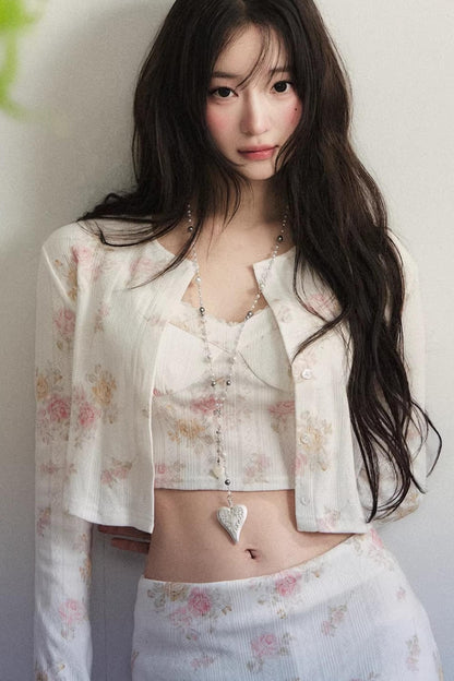 Retro Rose Floral Knit Cardigan Set-Up