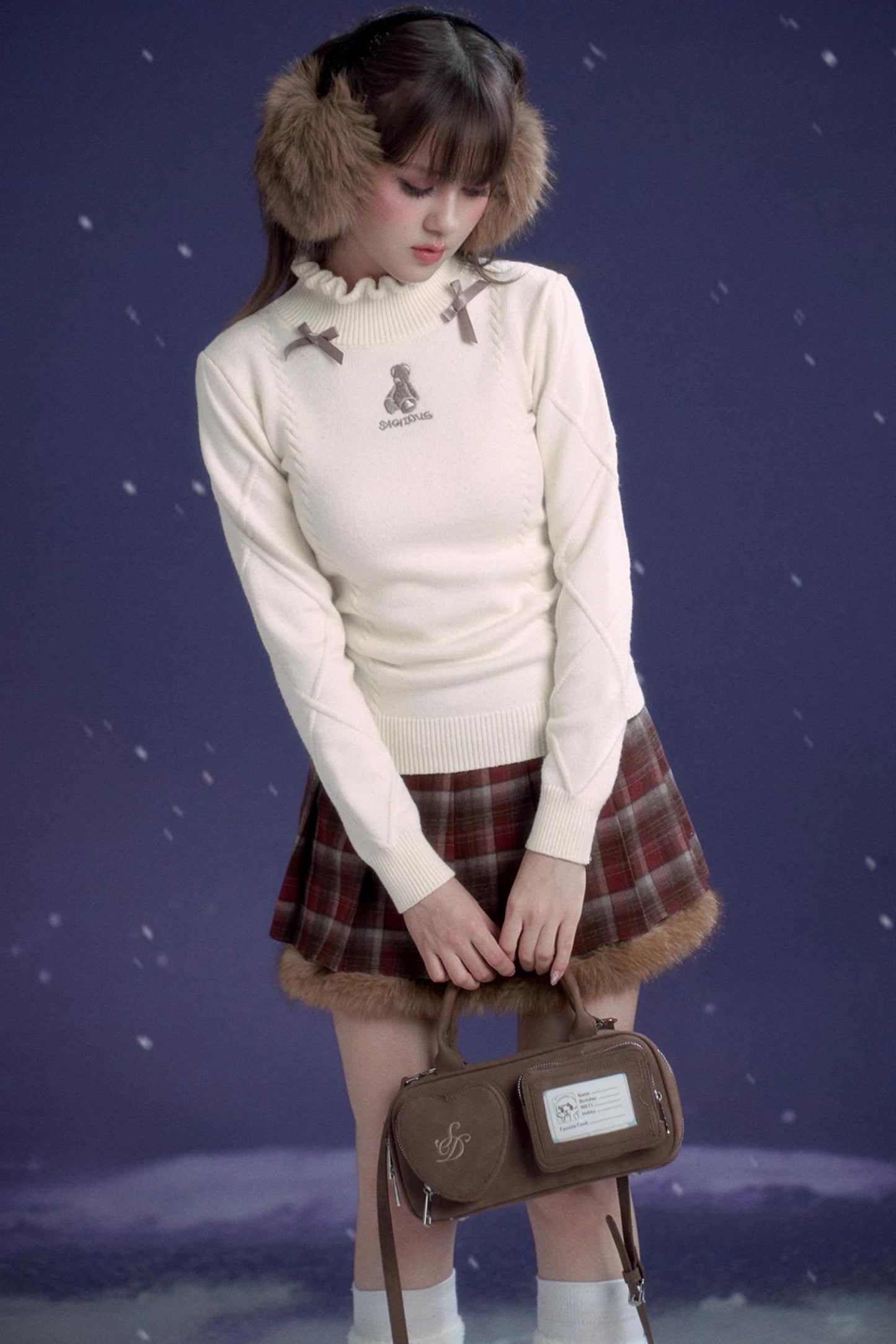 Sweet Red-Brown Plaid Skirt Set-Up