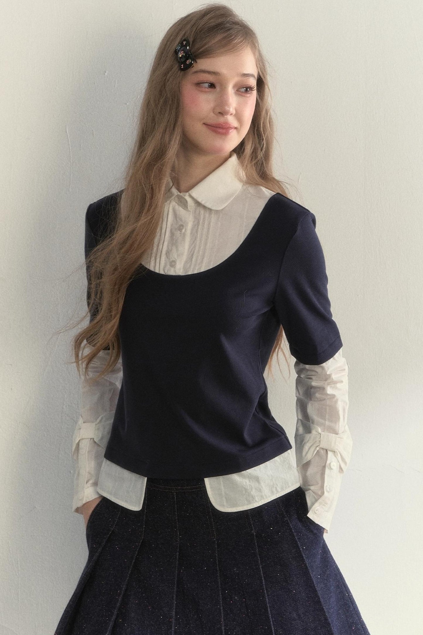 Retro Navy Faux Two-Piece Top