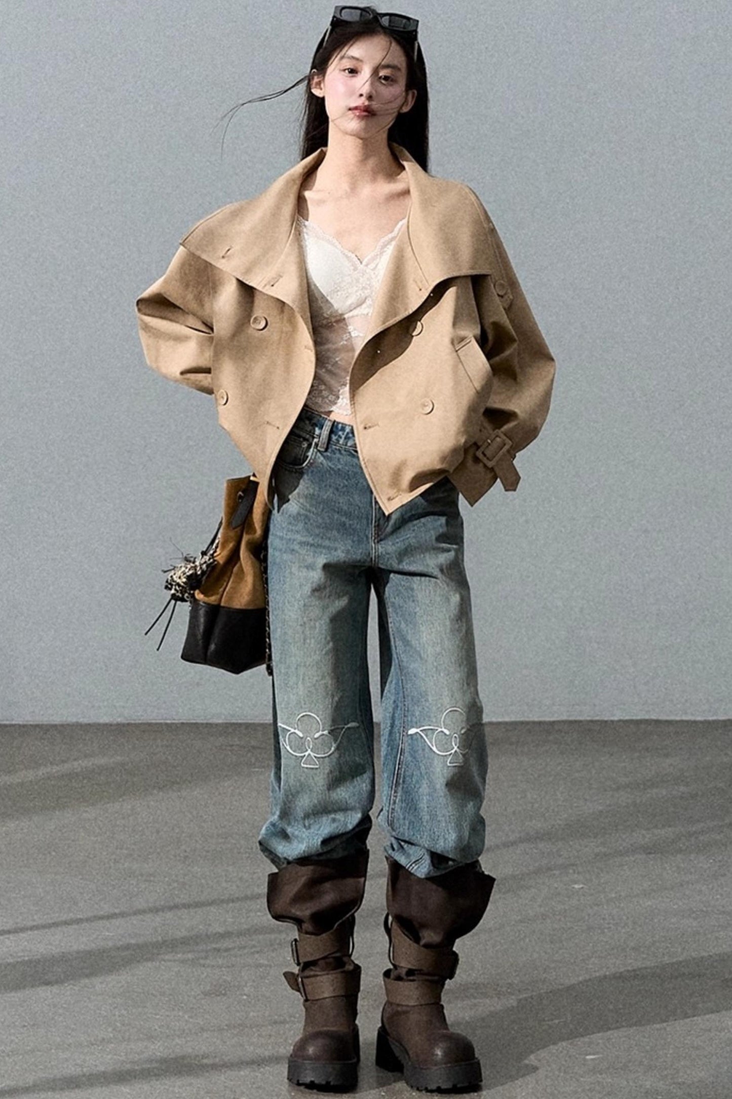 Laser-Cut Flower Vintage Wide-Leg Jeans