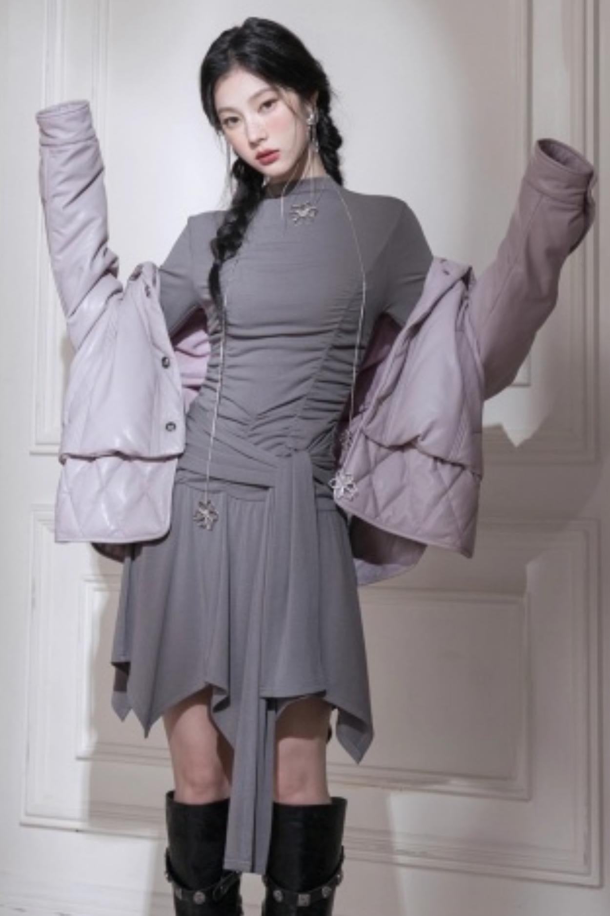 Pleated Turtleneck Dress