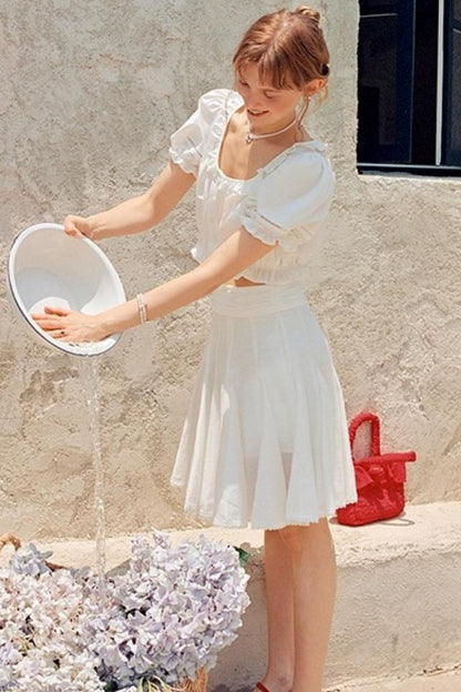 White Lace Square Collar Puff Sleeve Shirt