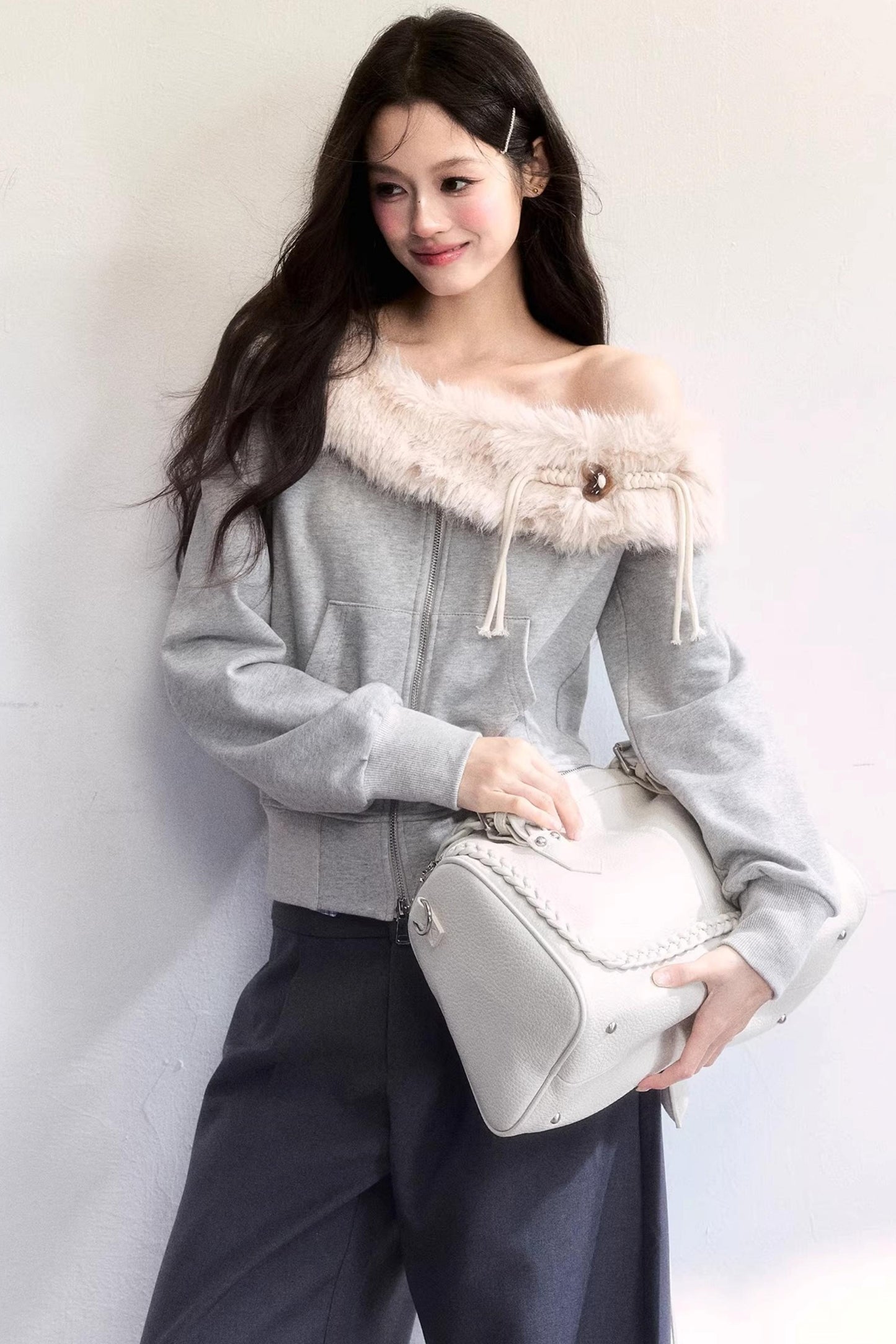 Mist Gray Off-Shoulder Fur Jacket