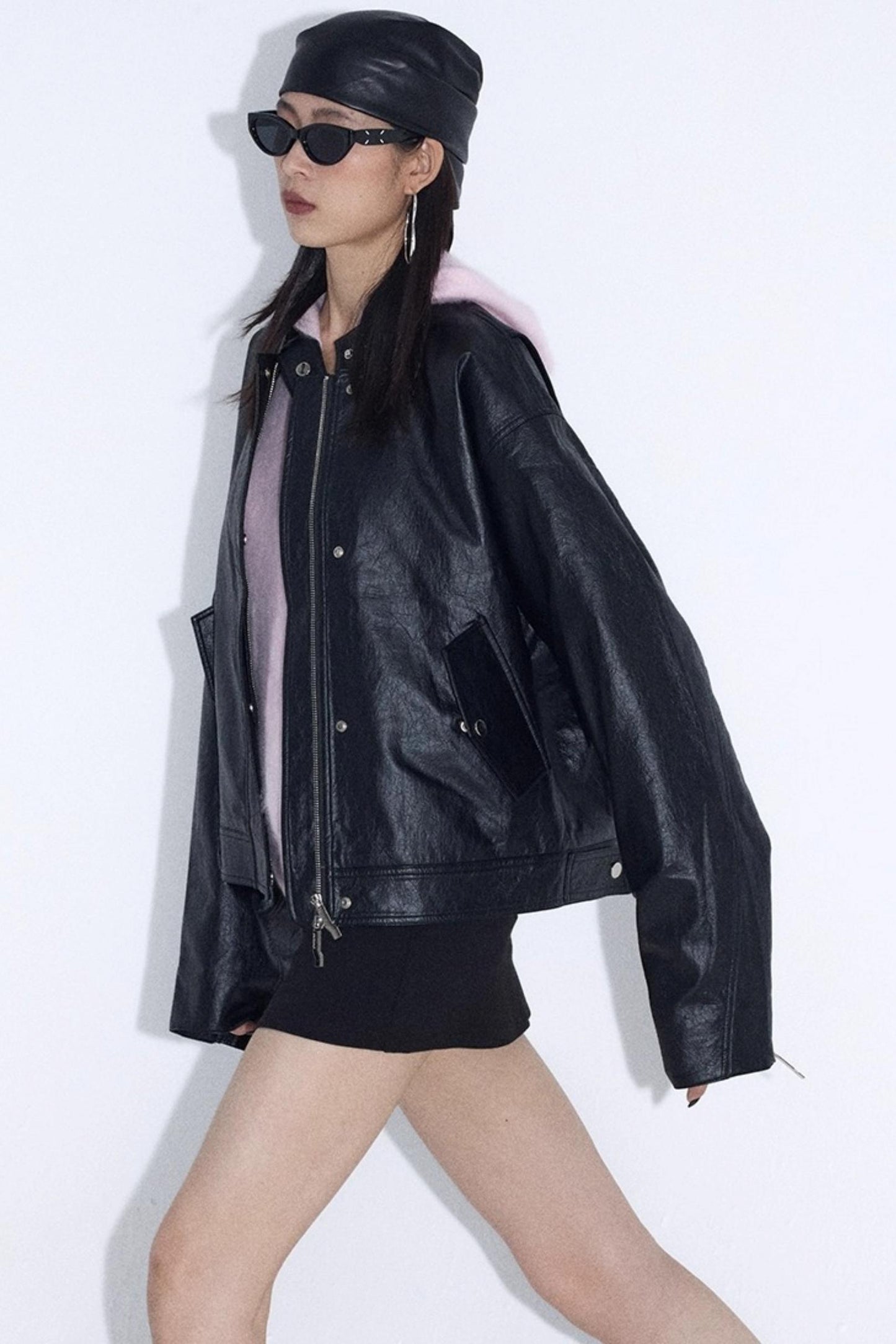 Stand-Up Pleated Leather Jacket