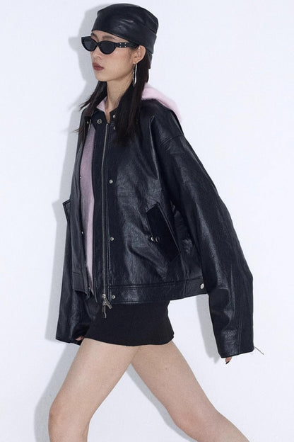 Stand-Up Pleated Leather Jacket