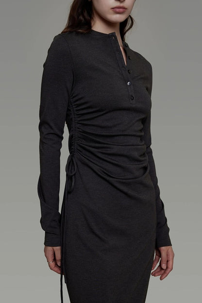 Pleated Long-Sleeve Dress