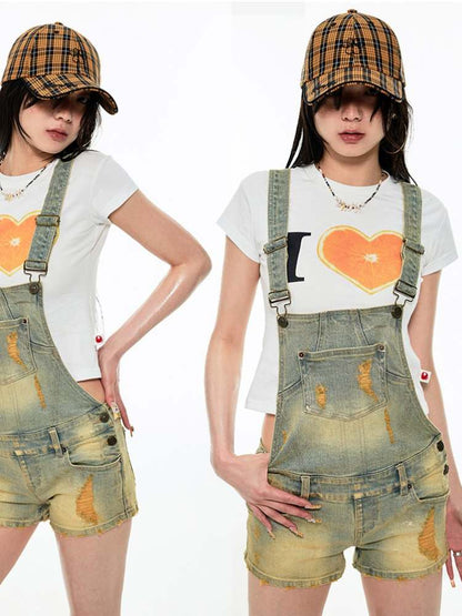 Denim Distressed Vintage Suspender Pants