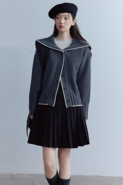 Navy Collar Twisted Rope Woolen Cardigan