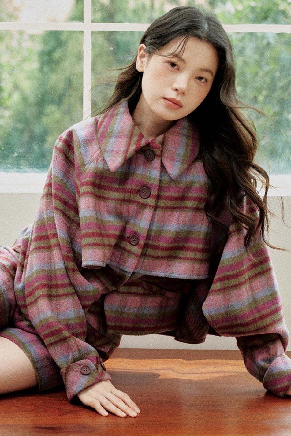 Pink-Purple Wool Plaid Cape Set-Up