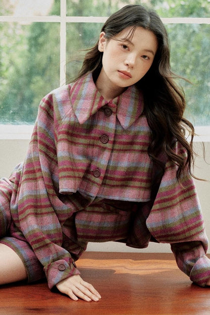 Pink-Purple Wool Plaid Cape Set-Up