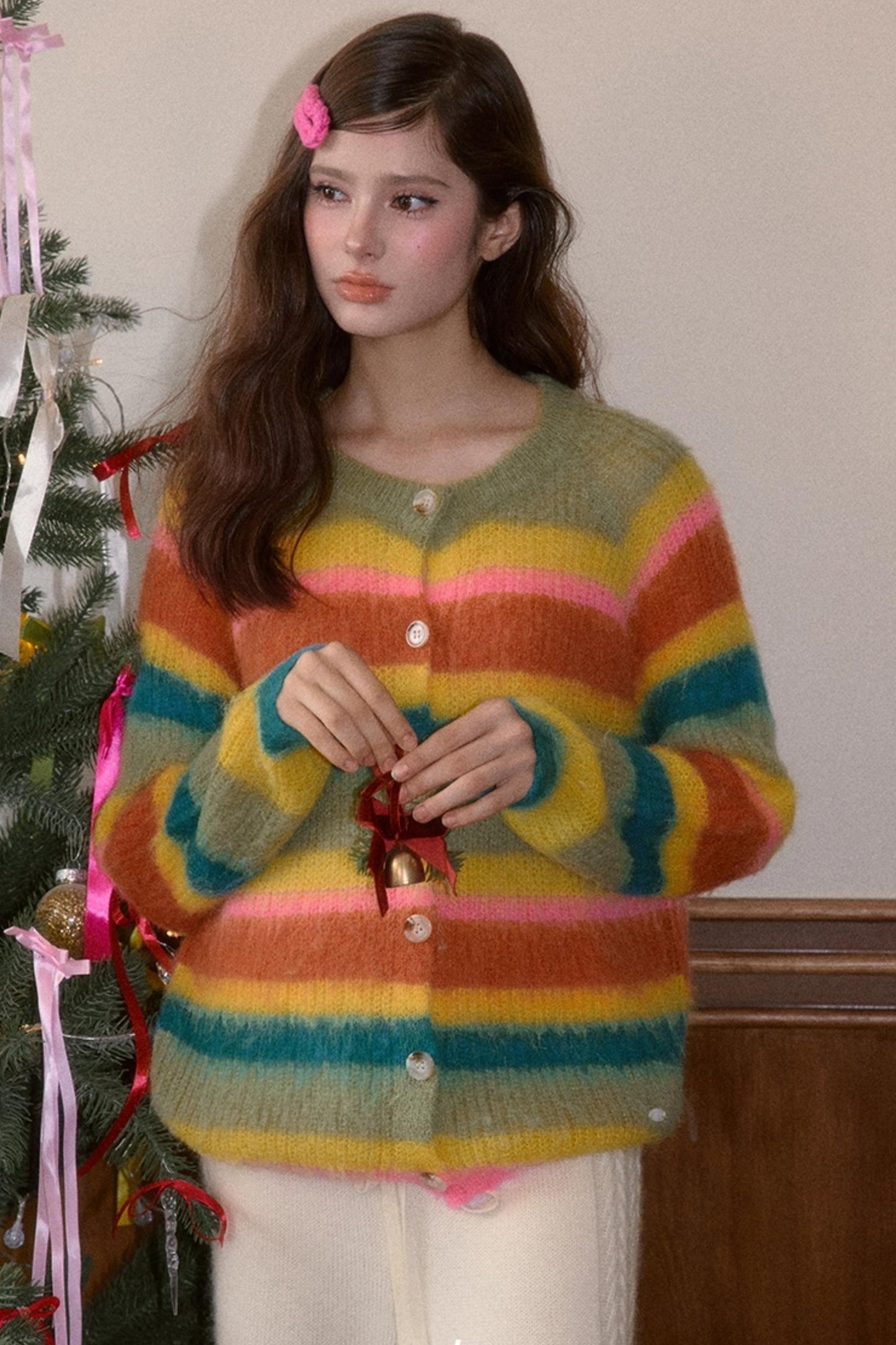 Fleece Rainbow Stripe Cardigan