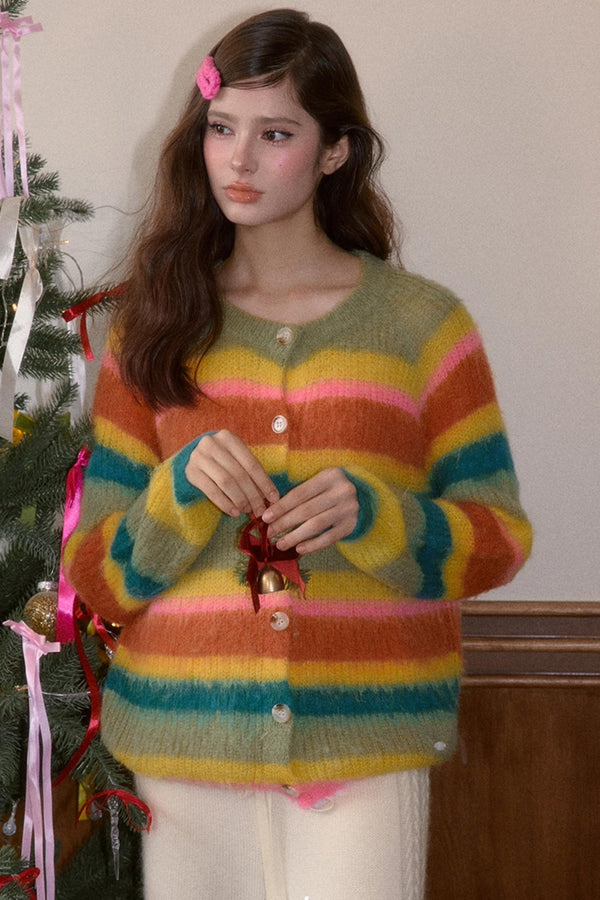 Fleece Rainbow Stripe Cardigan