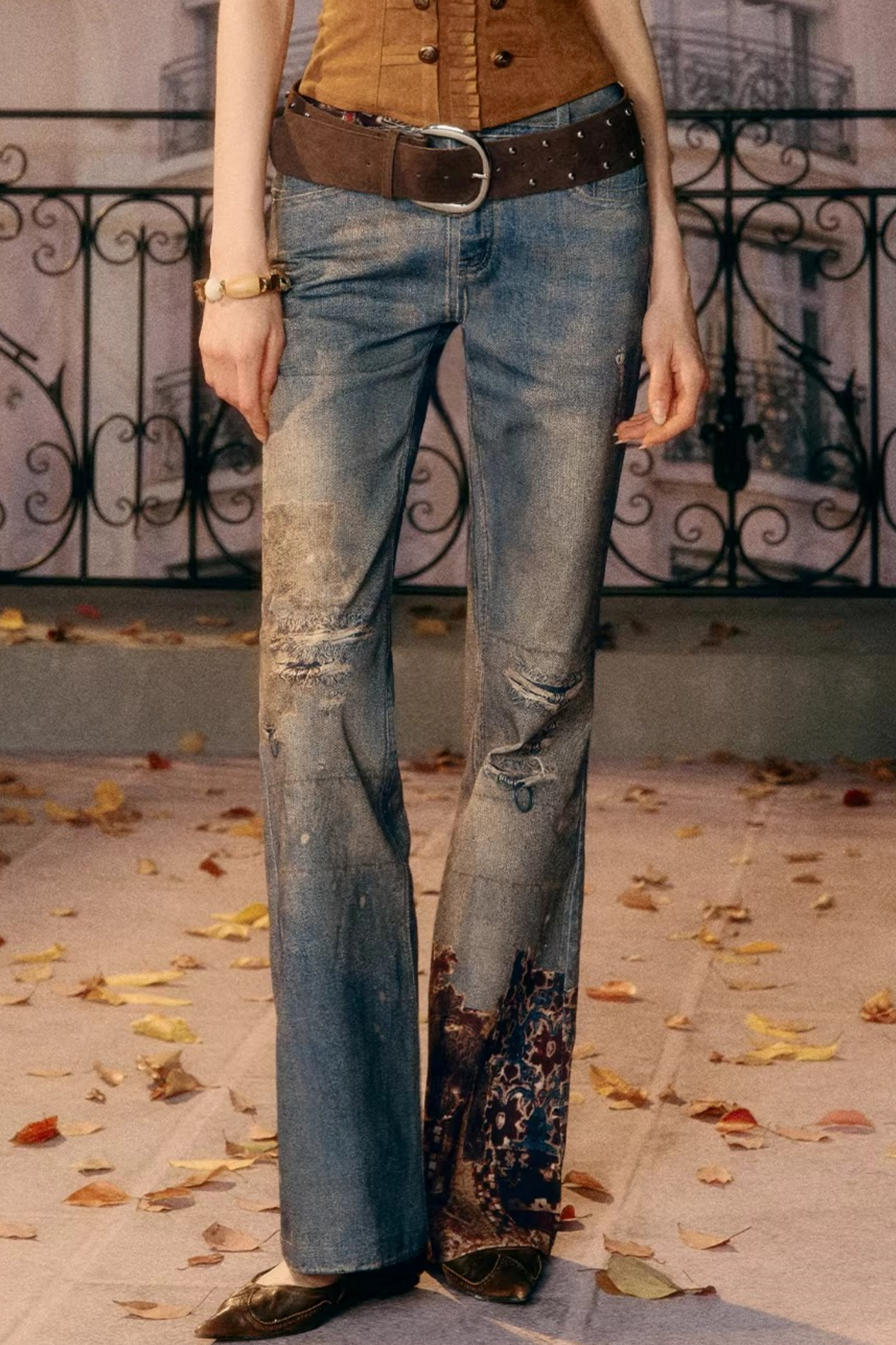 Vintage Pattern Flared Denim Pants