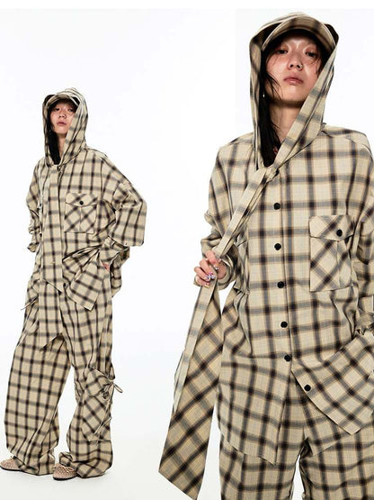 Gradient Plaid Casual Hooded Shirt