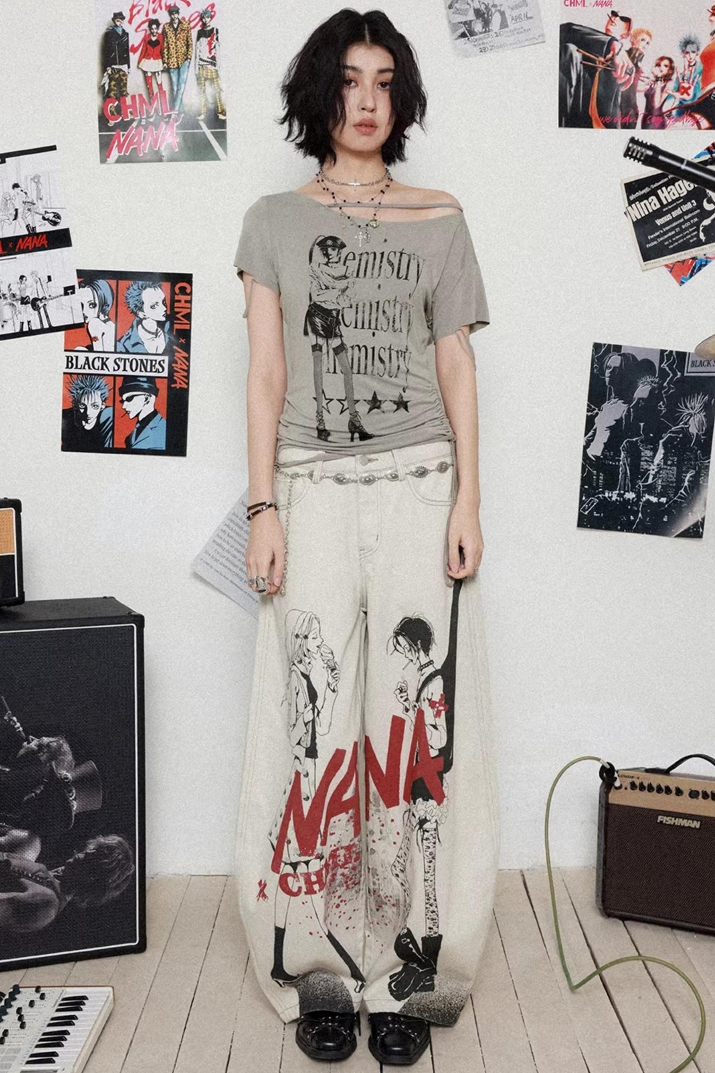 Printed Denim Scimitar Pants