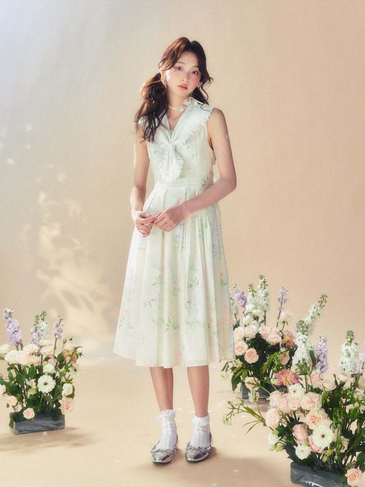 Frills Sailor Collar Floral Sleeveless Dress