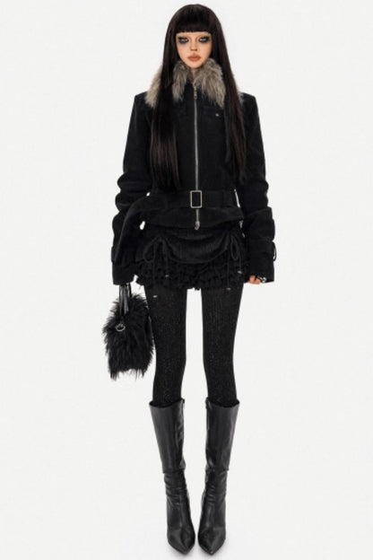 Cool Dark Fur Collar Jacket
