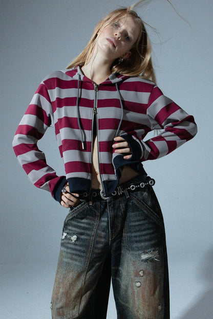 Contrast Stripe Zipper Cropped Sweatshirt