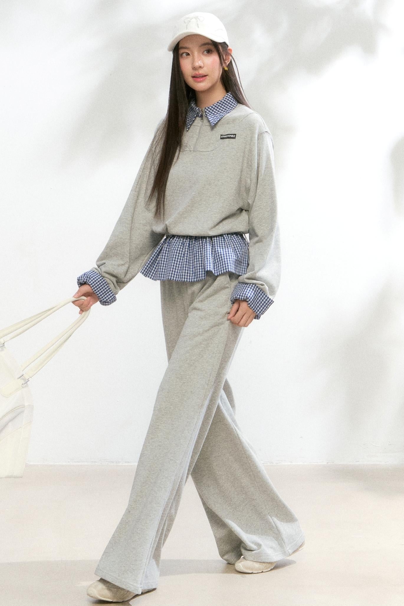 Plaid Polo Sweatshirt Set-Up