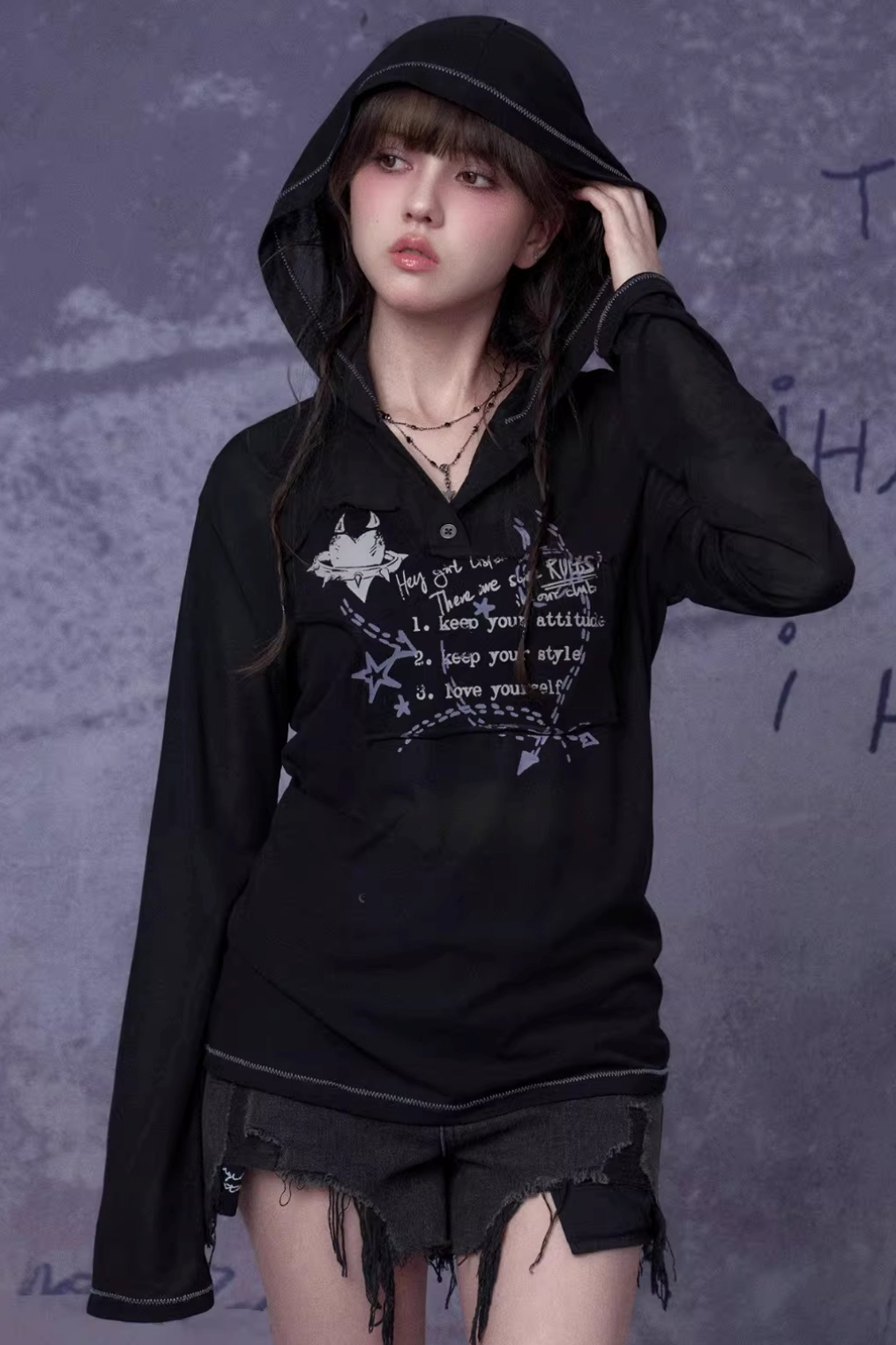 Mesh Graffiti Hooded Top Matching Set