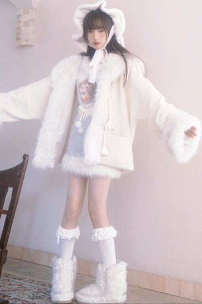 Vintage Angel Print Fur Collar Long Sleeve T-Shirt