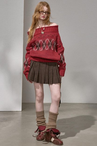 Thick Knit Argyle Off-Shoulder Top