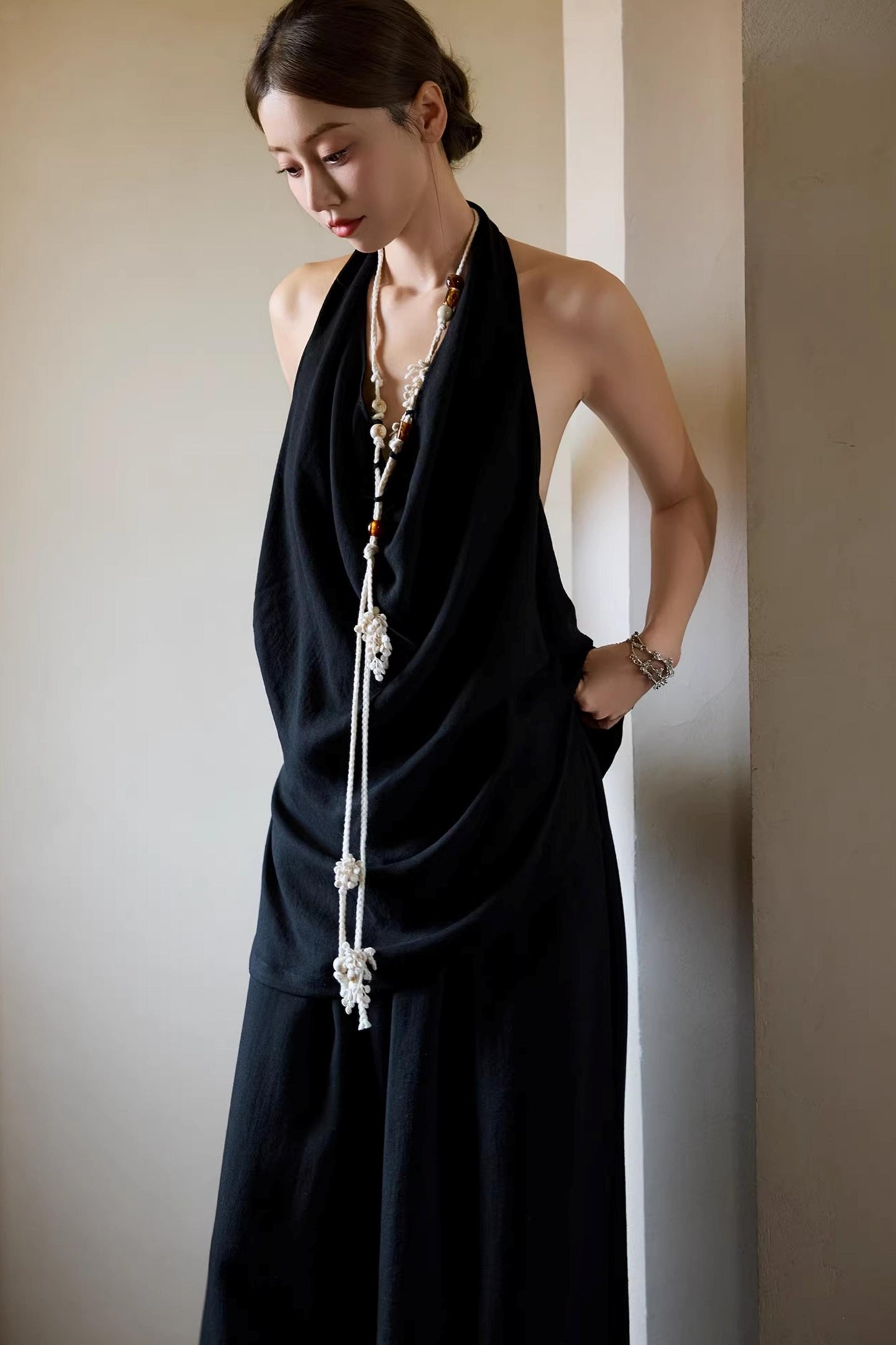 Black Beaded Halter Vest