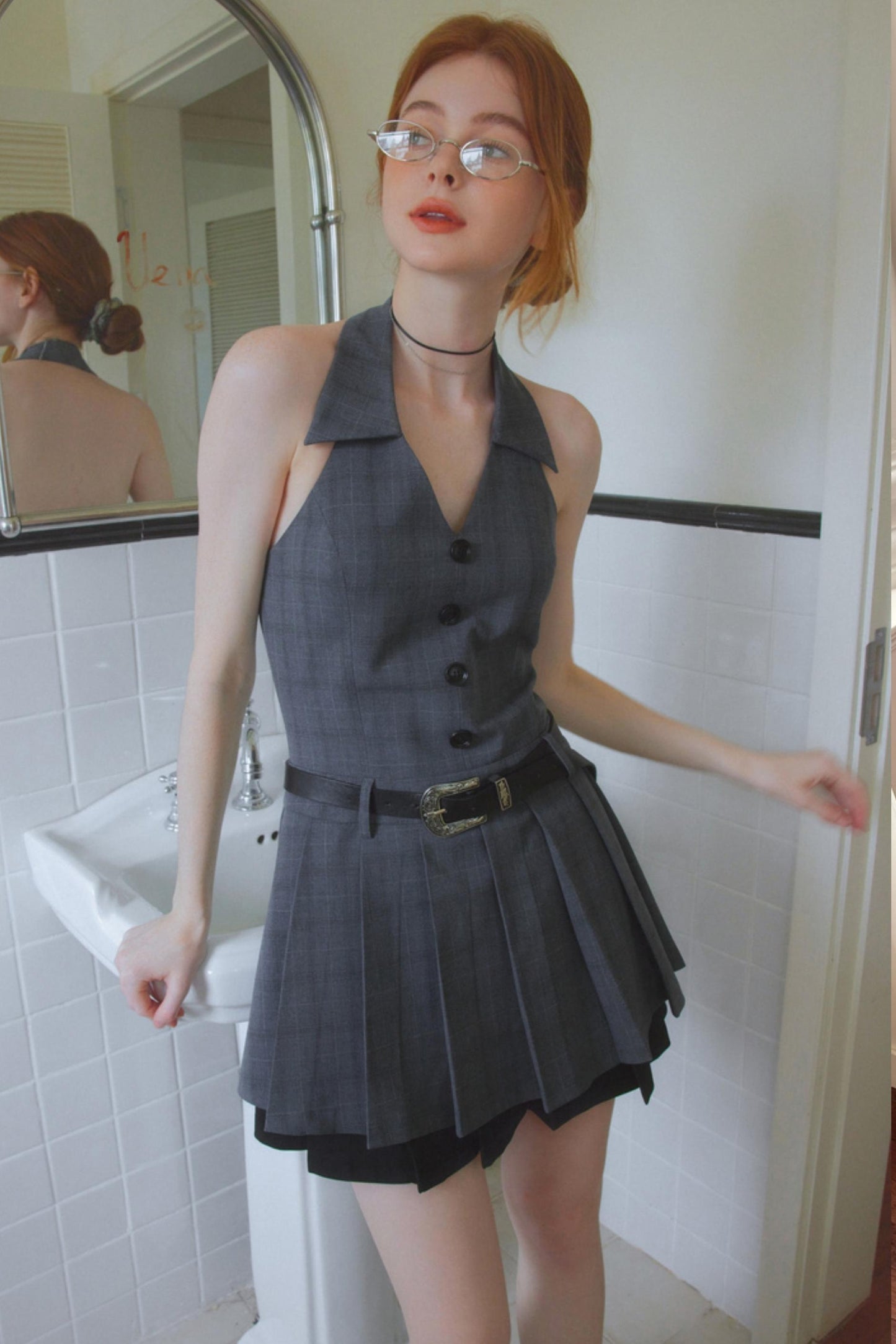 Vintage Gray V-Neck Layered Dress