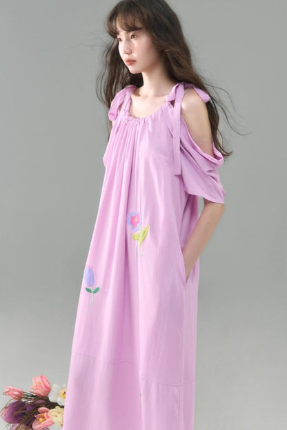 Sweet Peach Nectar Linen Embroidery Dress