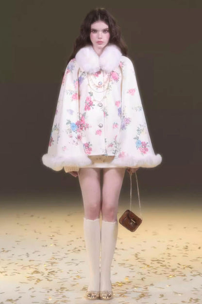 Vintage Flower Print Woolen Coat Set-Up