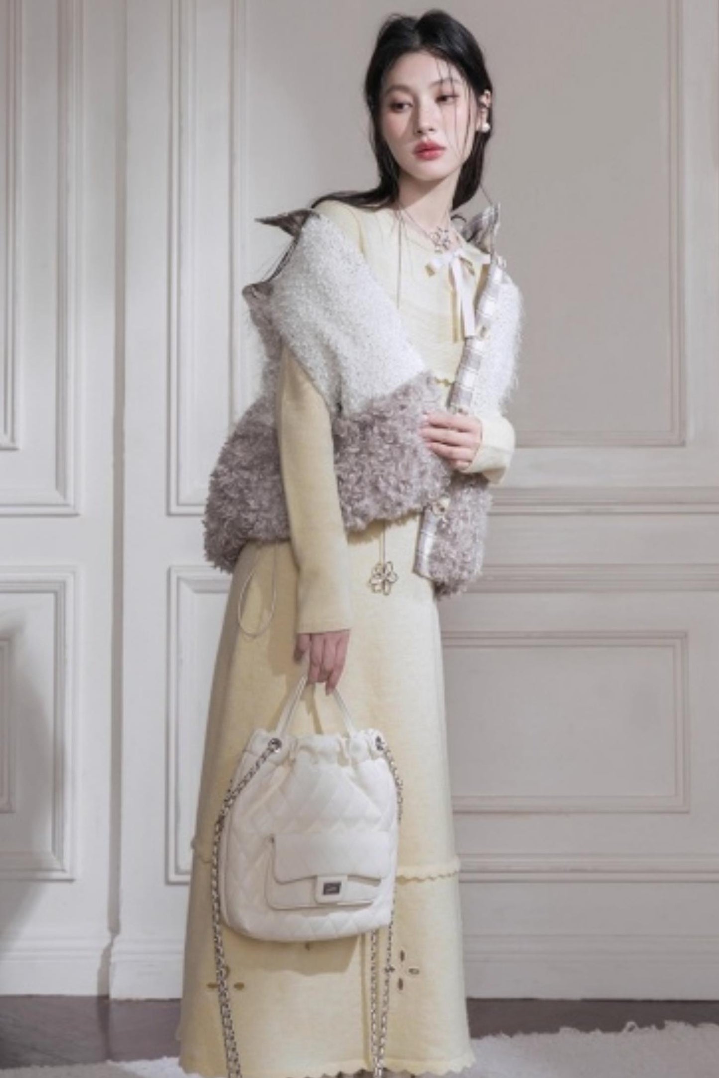 Cream Gray Lace Wool Dress