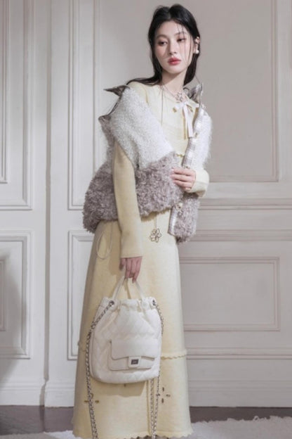 Cream Gray Lace Wool Dress