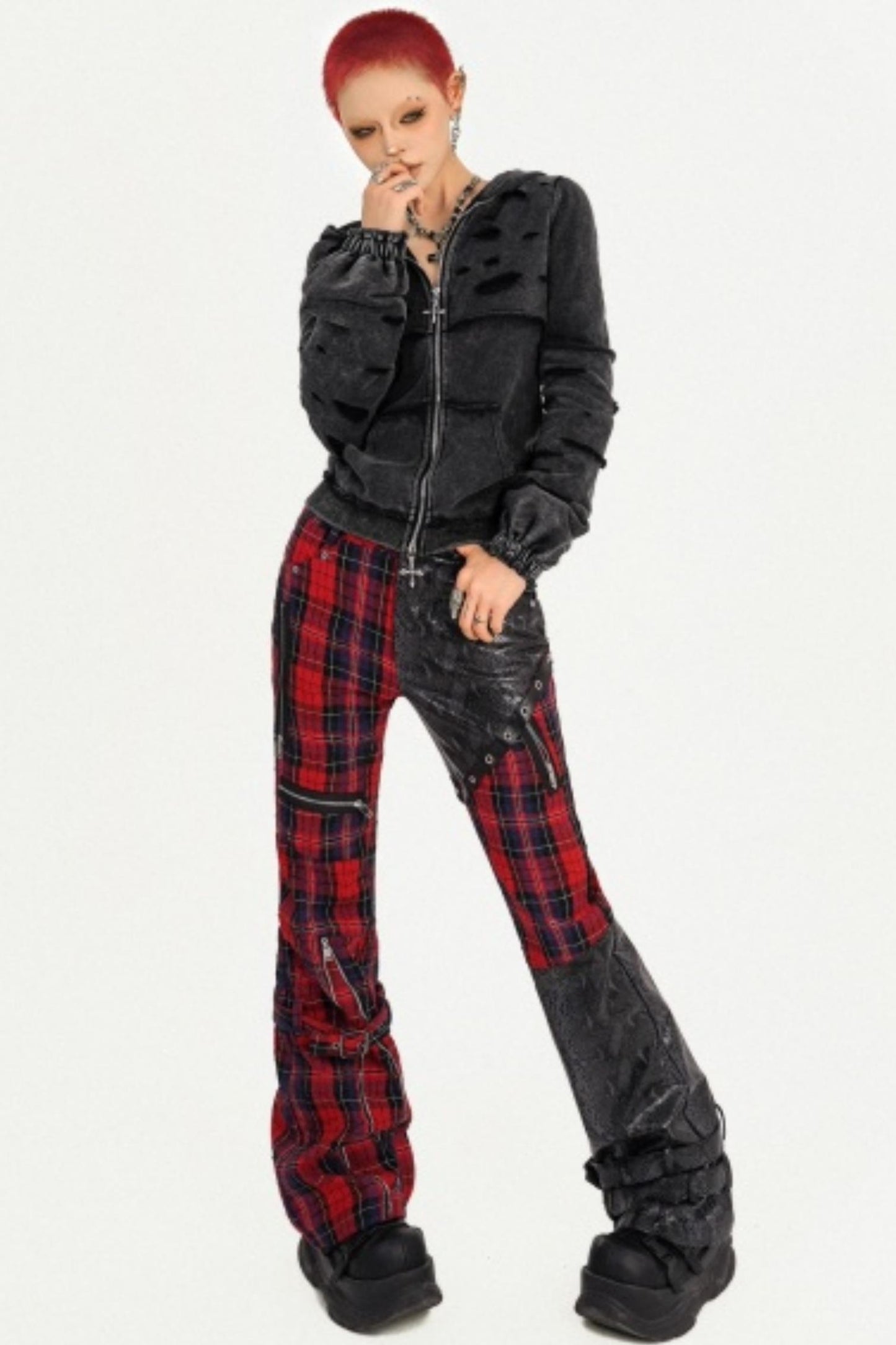 Plaid Patchwork Leather Pants