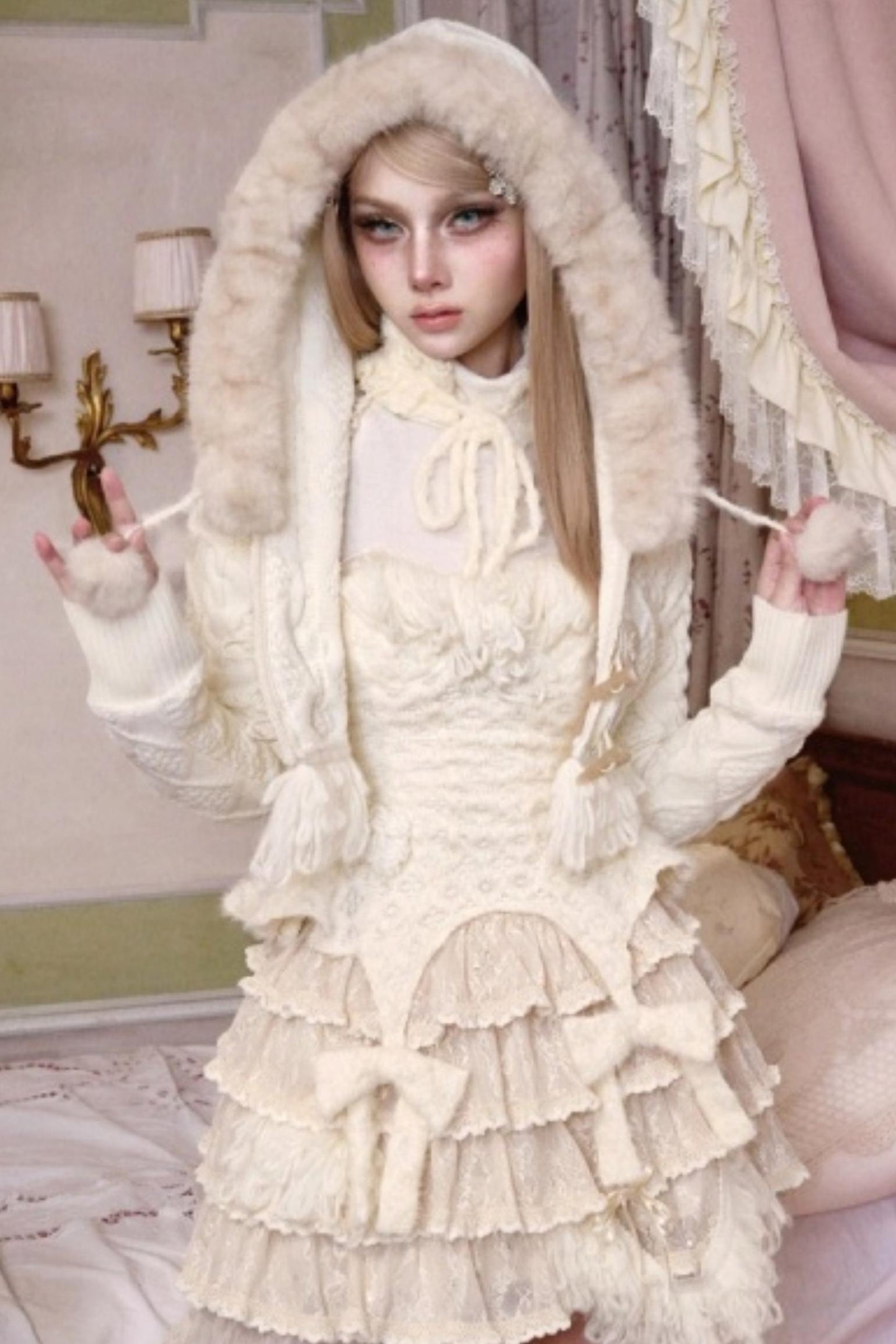 Slavic Knit Hooded Cardigan Hat Set-Up