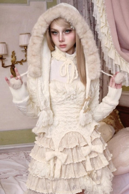 Slavic Knit Hooded Cardigan Hat Set-Up