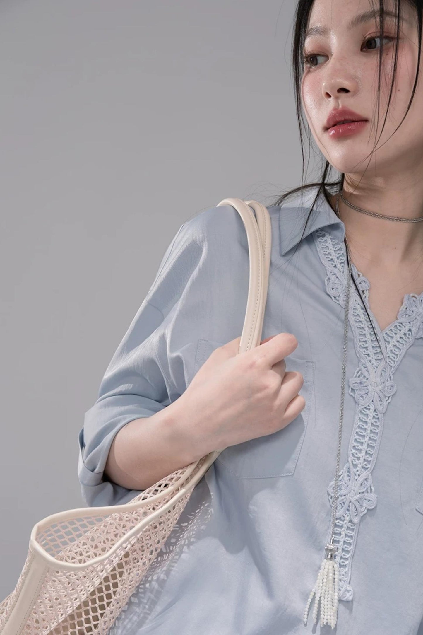 Mist Blue Lace Collar Shirt