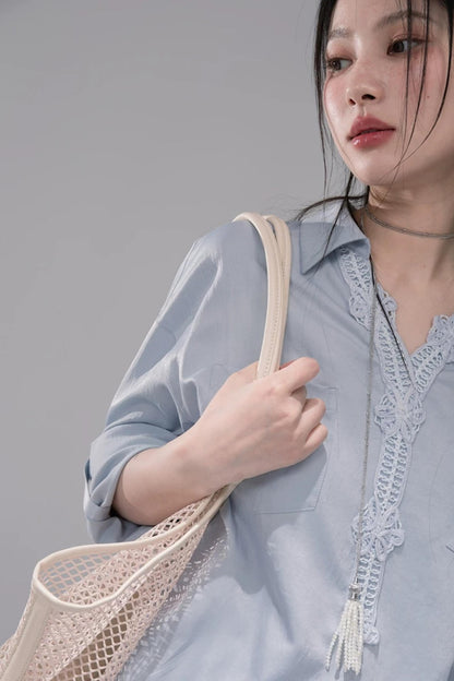 Mist Blue Lace Collar Shirt