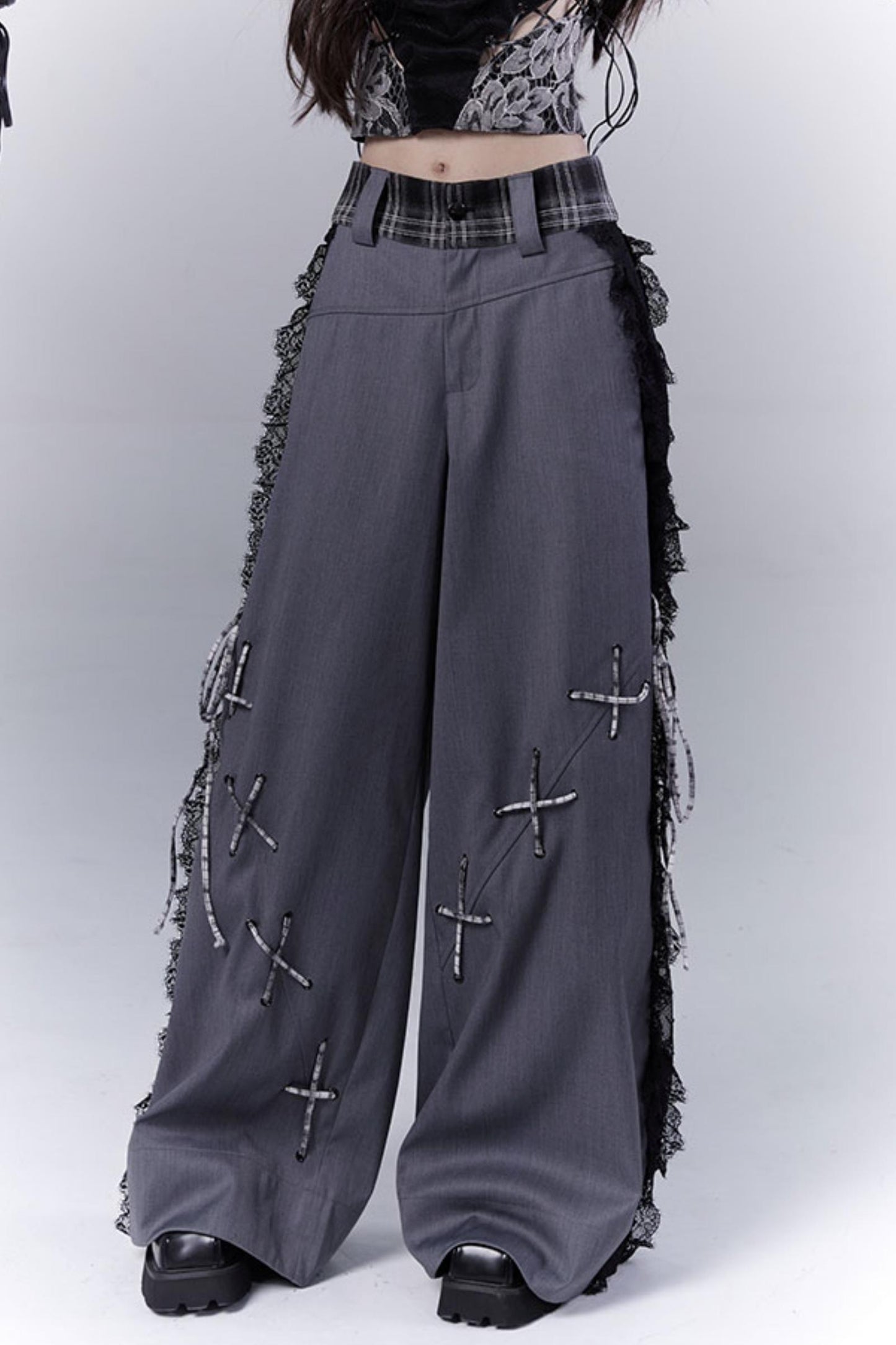 Gray Hollow Lace Fusion Casual Trousers