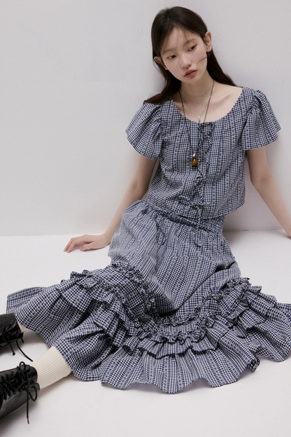 Maglia vichy blu con lacci